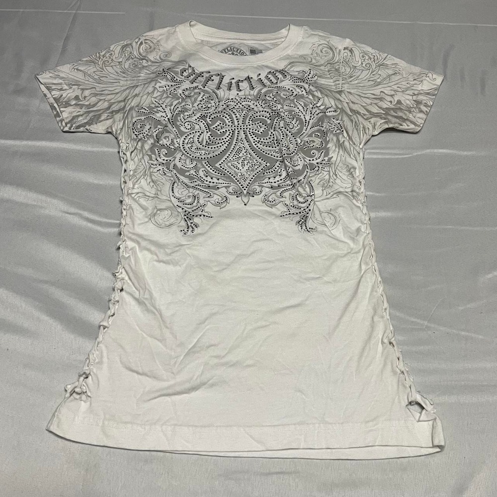 Affliction Residual Chaos T-Shirt lace up sides Womens Small White